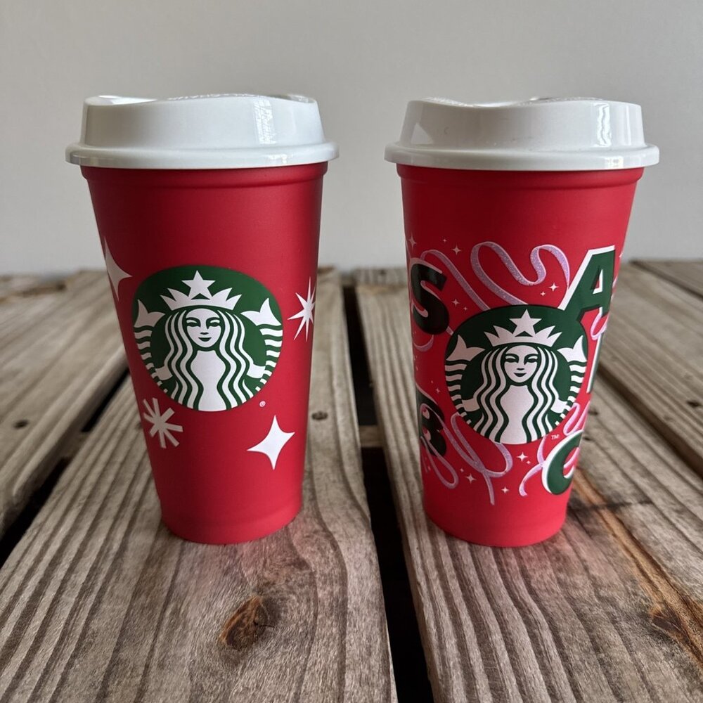 Lot of 2 Starbucks 16 ounce Reusable Coffee Cups Holiday
